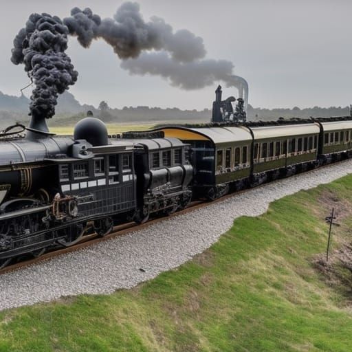 Cyberpunk; photo 8k; ultrarealistic; antique; steam train on...