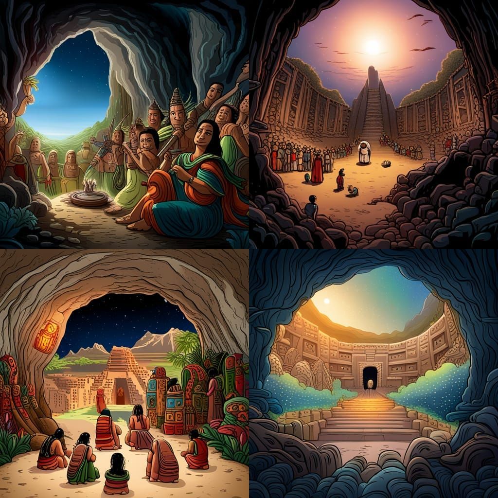 crowd of ancient mayans emerging from a dark cave which ends...