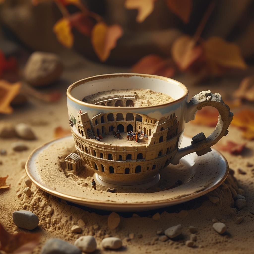eacup adorned with a miniature Colosseum, tiny gladiators ba...