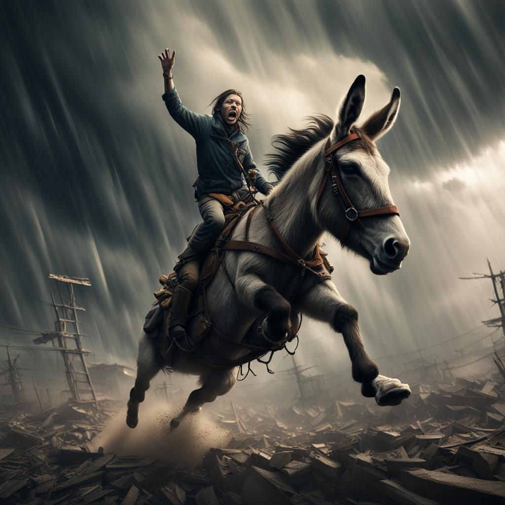 A donkey flying in a tornado. Photorealistic. Ominous. Drear...