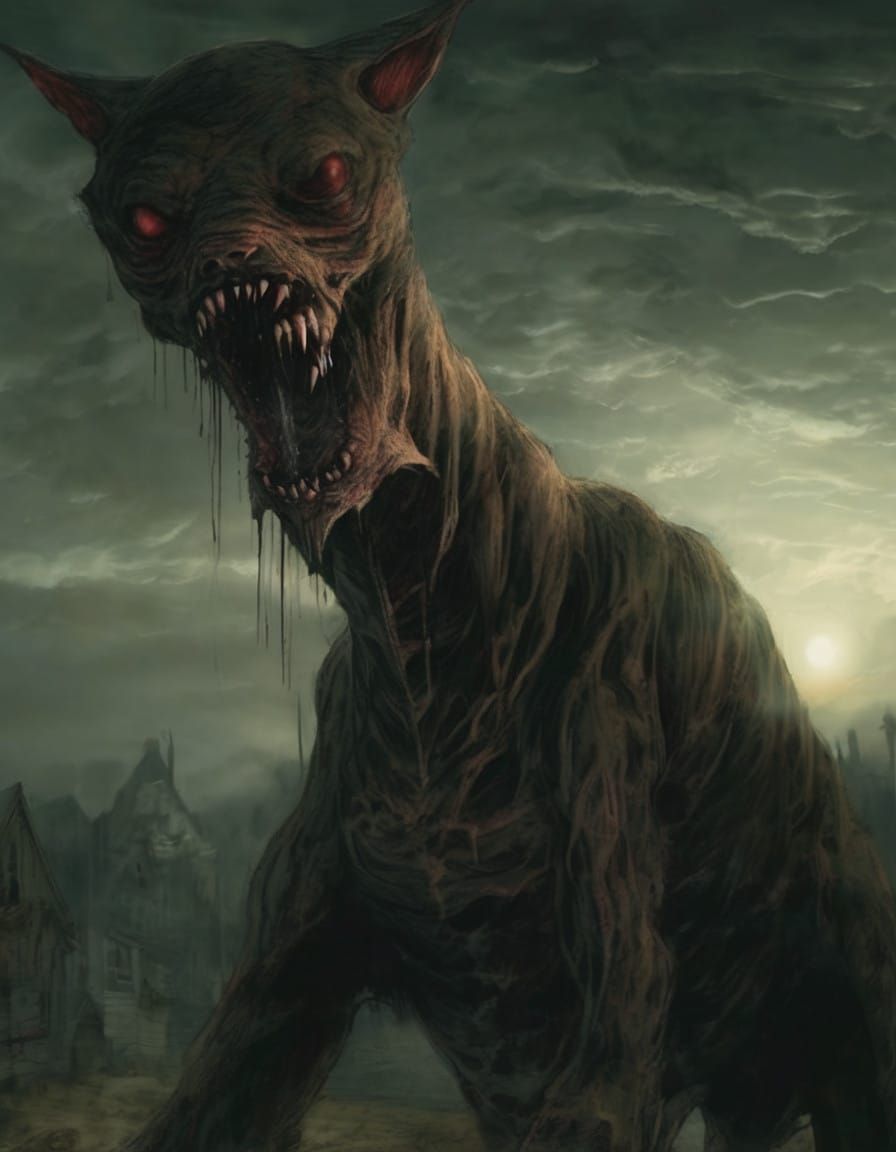 Twisted Hellhound Tormented by Infernal Flames - AI Art