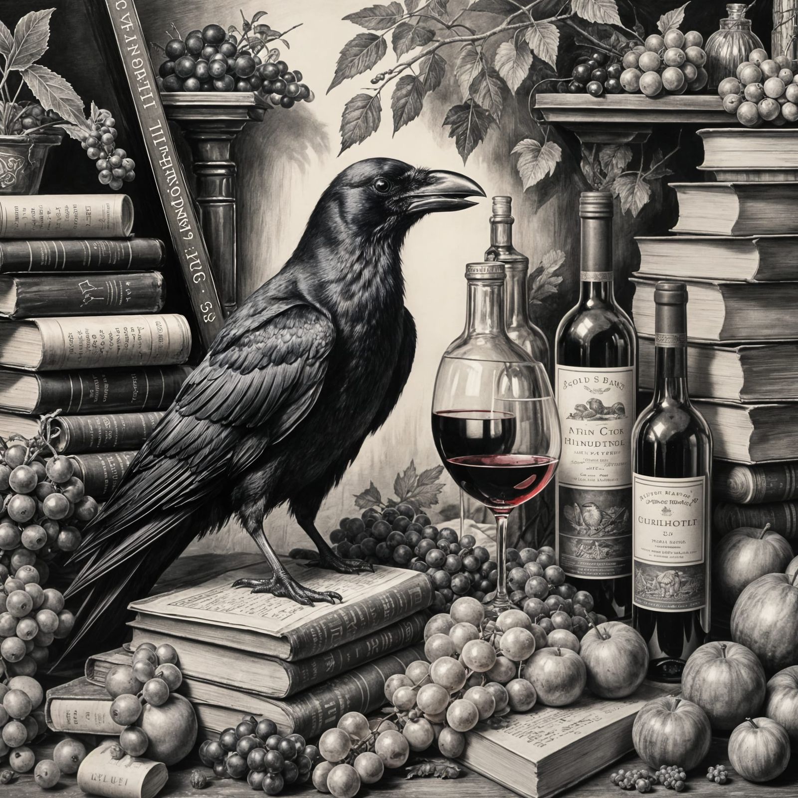 Books, wine and a Crow  by @LouR