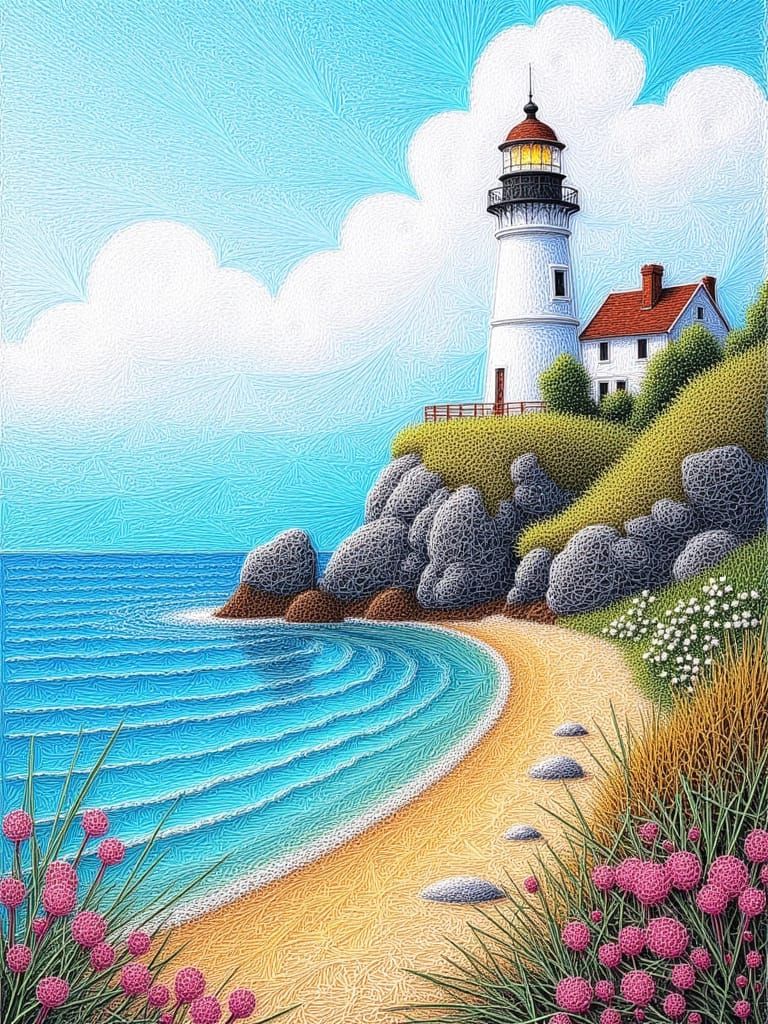 <lora:Fine line string:1.0> fine line string art, lighthouse, beachscape, azure ocean, vivid palette