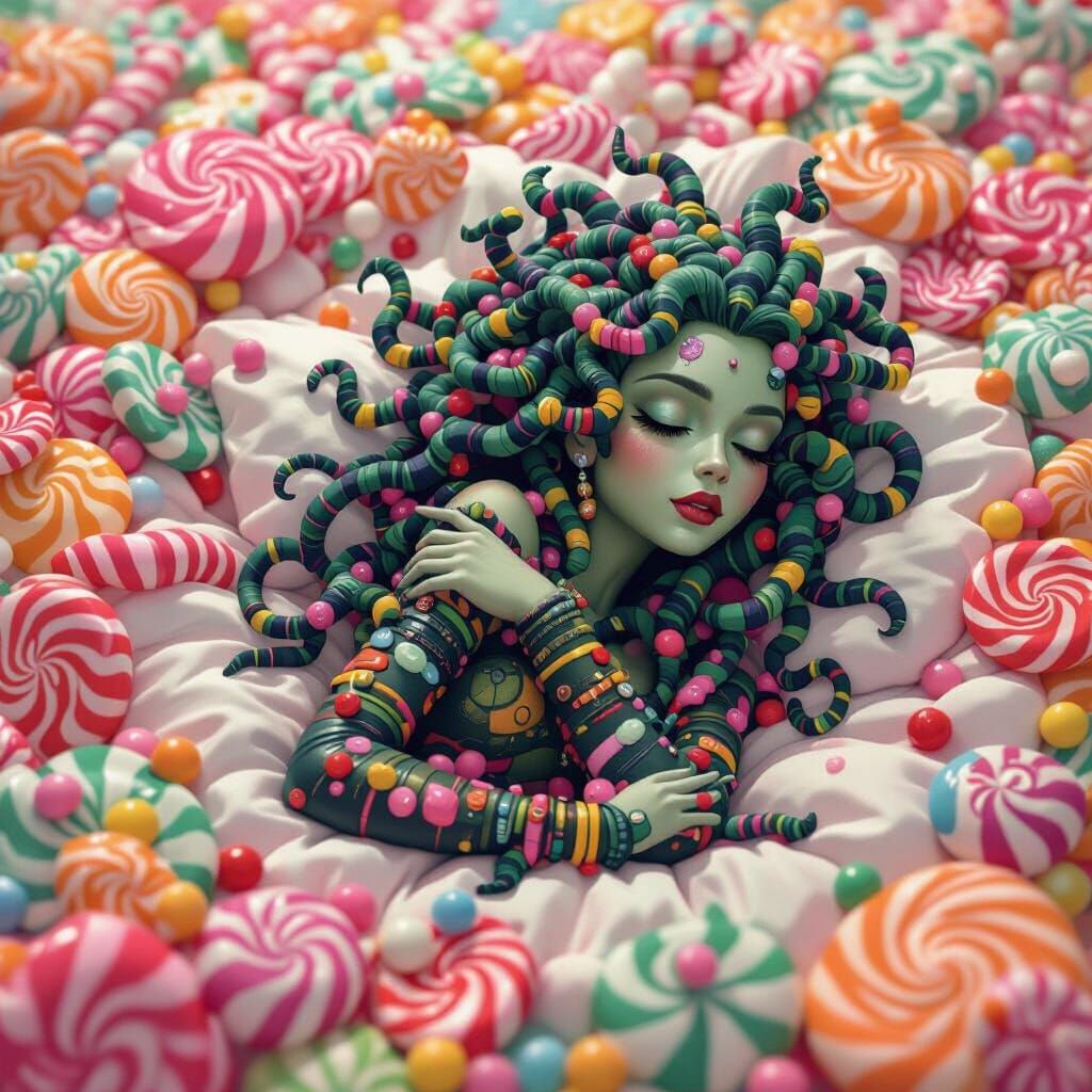 Medusa going to sleep in candyland Candy art style! Whimsical playful colorful! candy!!! 🍬🍭 Candyland art!! “Hyperrealistic hyperdetailed hi...