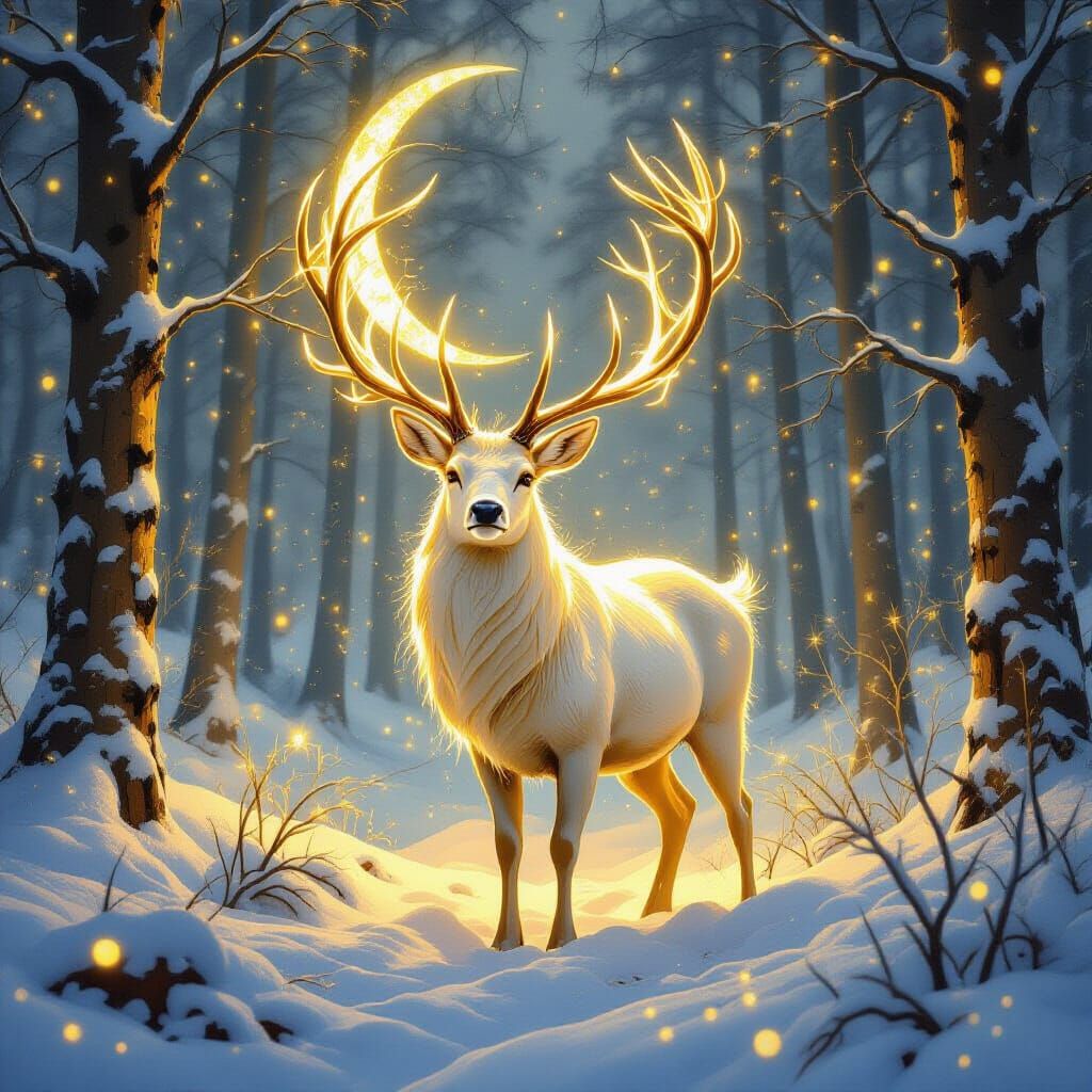 Creamy, glowing golden stag with intricate antlers made of luminous golden light, set in an enchanted ...  by @Jer Morgan