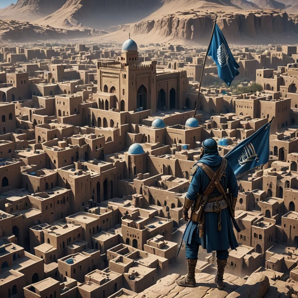 soldat arabe, avec un drapeau bleu  لا غالب الا الله  في الر...