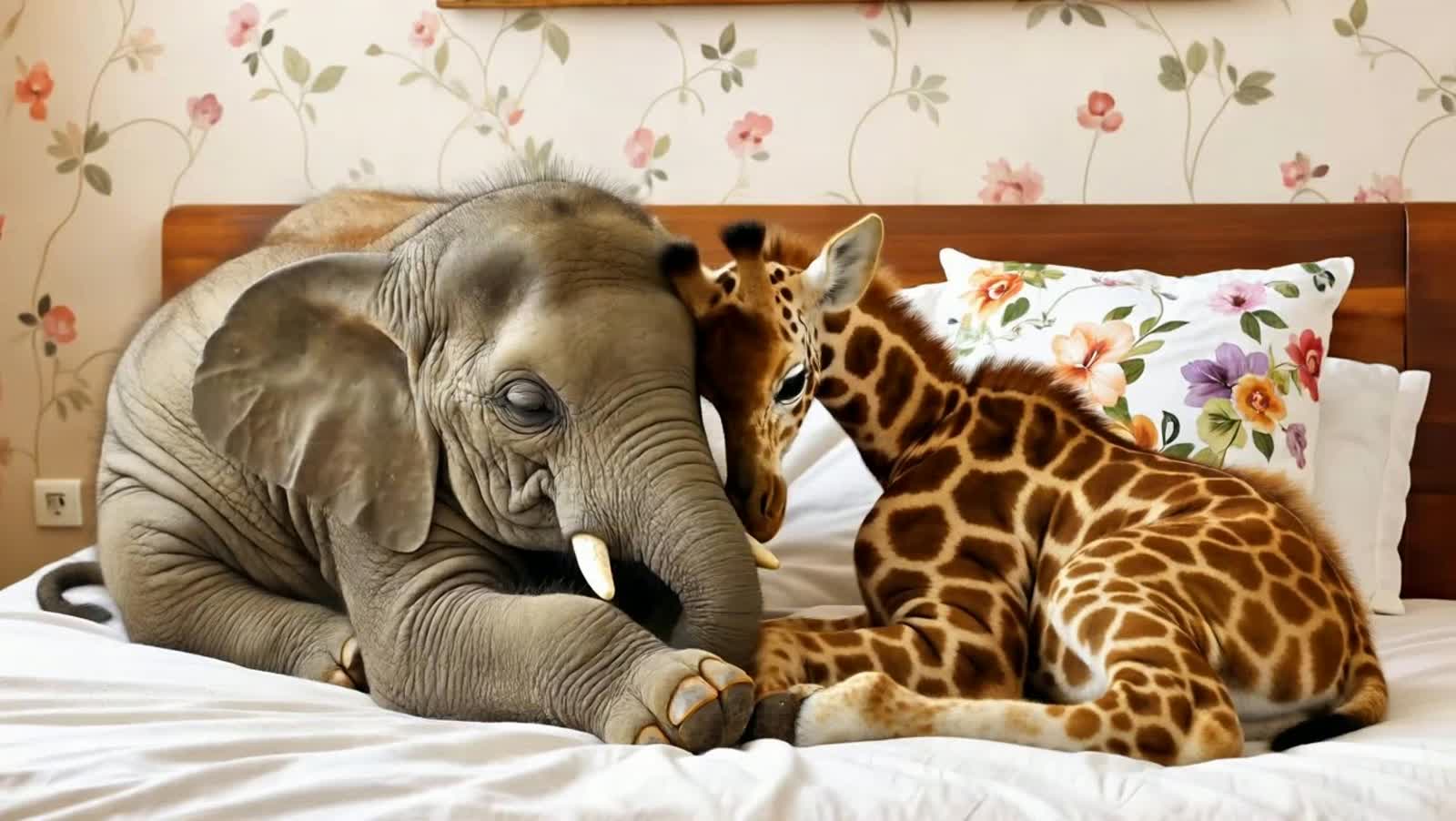 Little Elephant and little Giraffe cuddle together in a bed. It looks like heaven for the little creatures.
