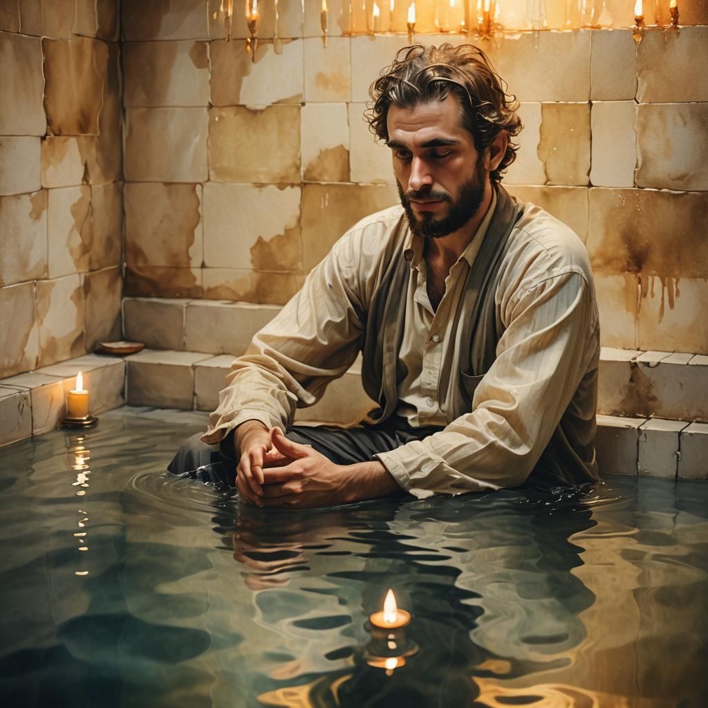 Person in Shtetl Mikvah: Watercolor Concept Art