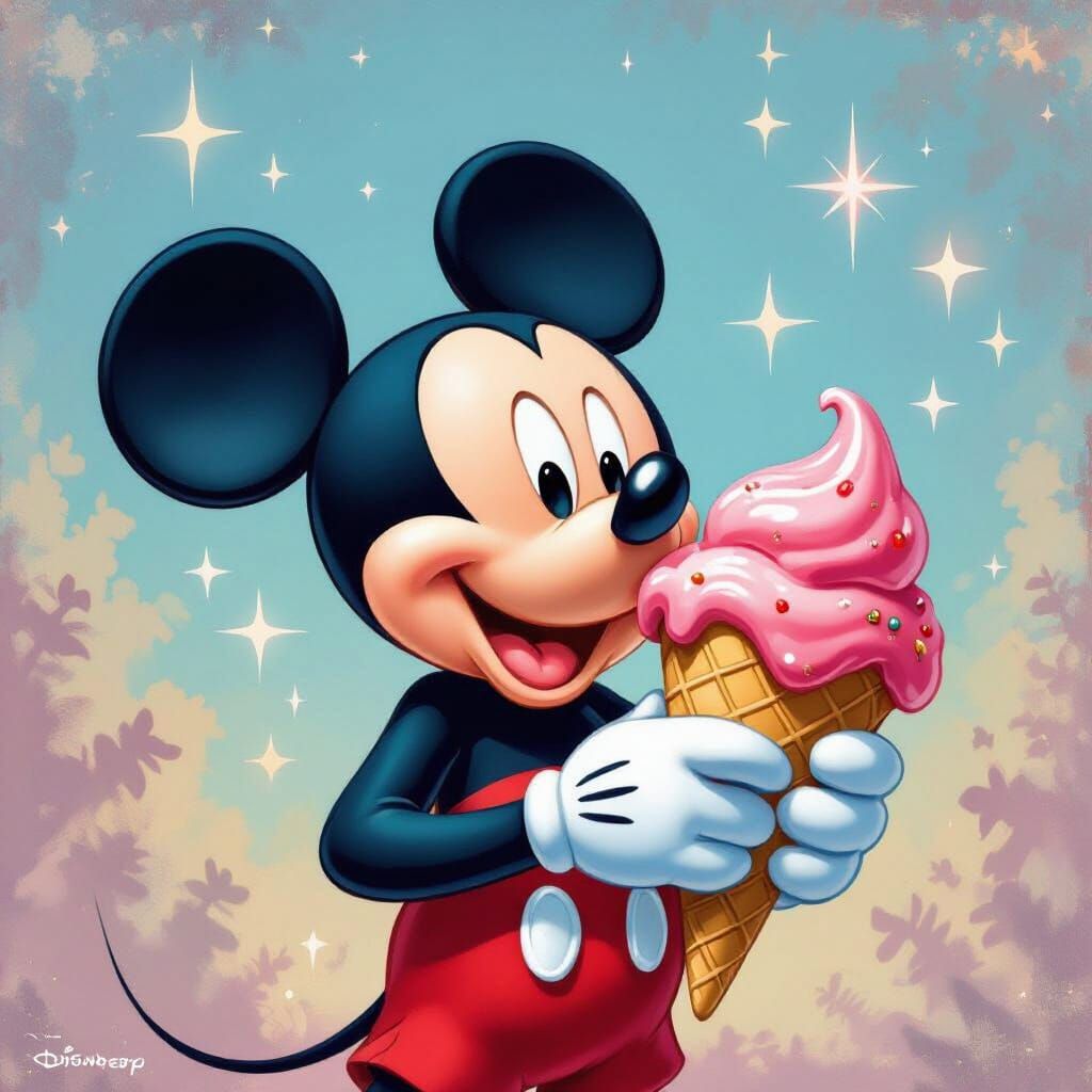 Mickey Mouse Enjoys Strawberry Ice Cream in Classic Disney S...