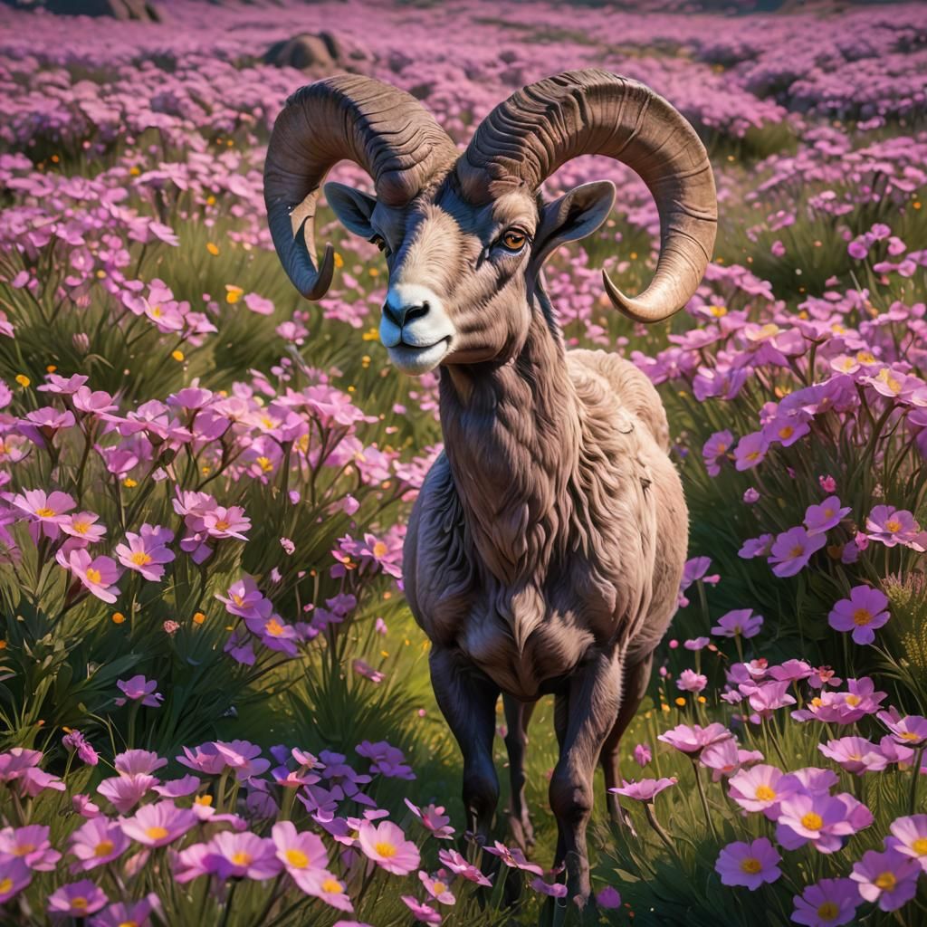 beautiful Bighorn Sheep in a purple flower field