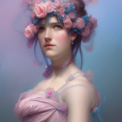 pink and blue royal Victorian ball gown head and shoulders p...