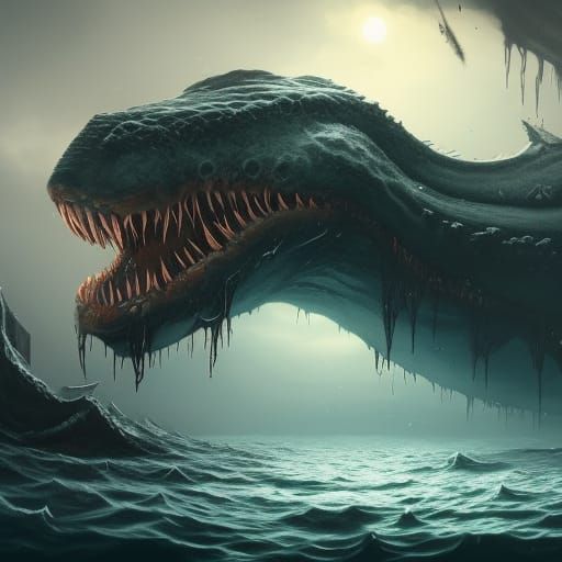 thalassophobia. giant monster with a big mouth and teeth. black eyes ...