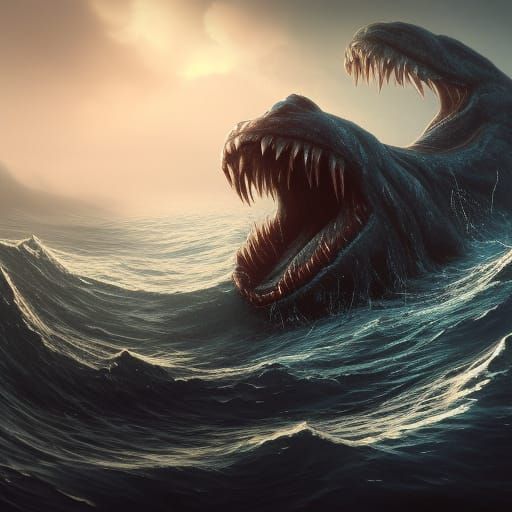 thalassophobia. giant monster with a big mouth and teeth. black eyes ...