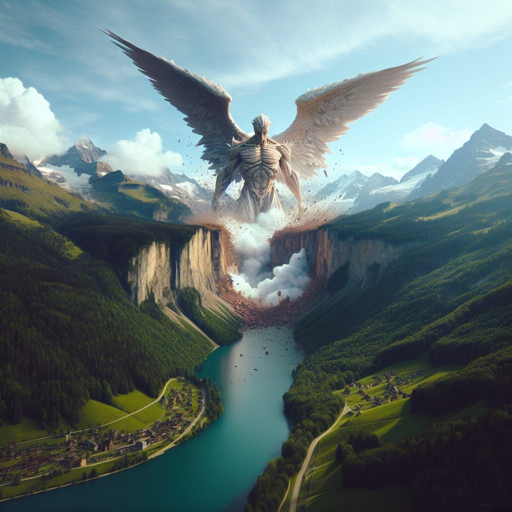 Abbadon Rises breaking through the Alps a gargantuan angel of destruction., post apocalyptic Switzerland background Moun...