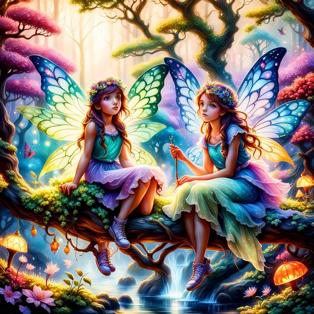 2 cute colorful fairies sitting on a branch. - AI Generated Artwork ...