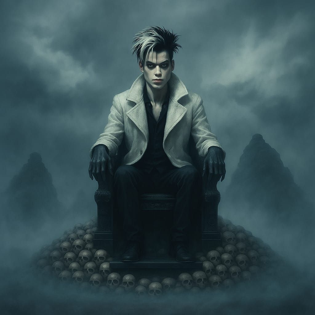 Very Eerie image I just made of post downfall DmC Vergil   Sitting down on his throne room chair on top of a  towering p...