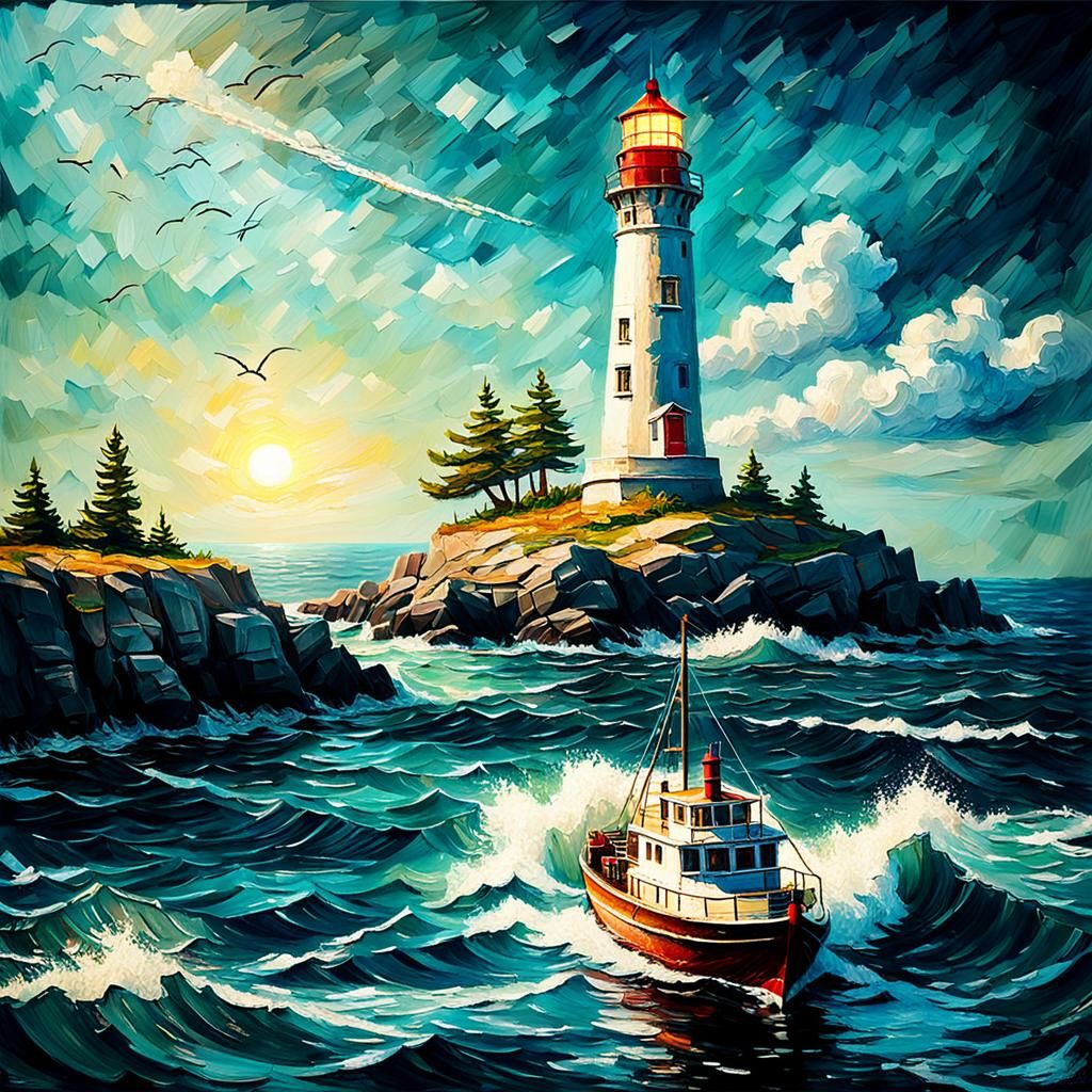 Impasto painting of a beautiful lighthouse and boat on the ocean  by @Ixapetus