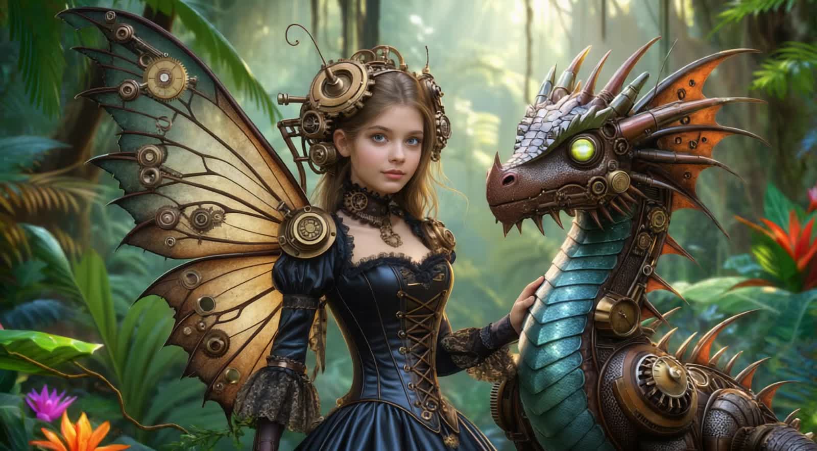 Super hyper detailed steampunk fairy with her pet dragon, walking in a tropical rain forest enjoying the tropical flower...