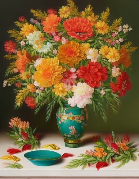 vivid oil painting of a formal stunningly beautiful, gorgeous, elegant yellow, pink, and red colored floral bouquet with...