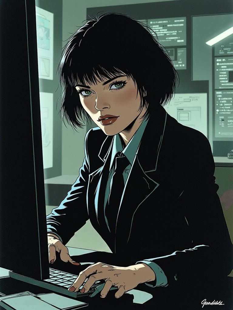 art by <lora:GrittyComic:1.0> japanese-american female spy with short dark hair, sitting at computer desk looking expectantly at viewer, har...
