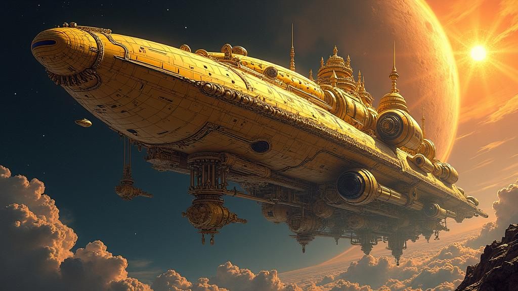 a vast and gigantic golden and gothic starship, coming from a baroque ...