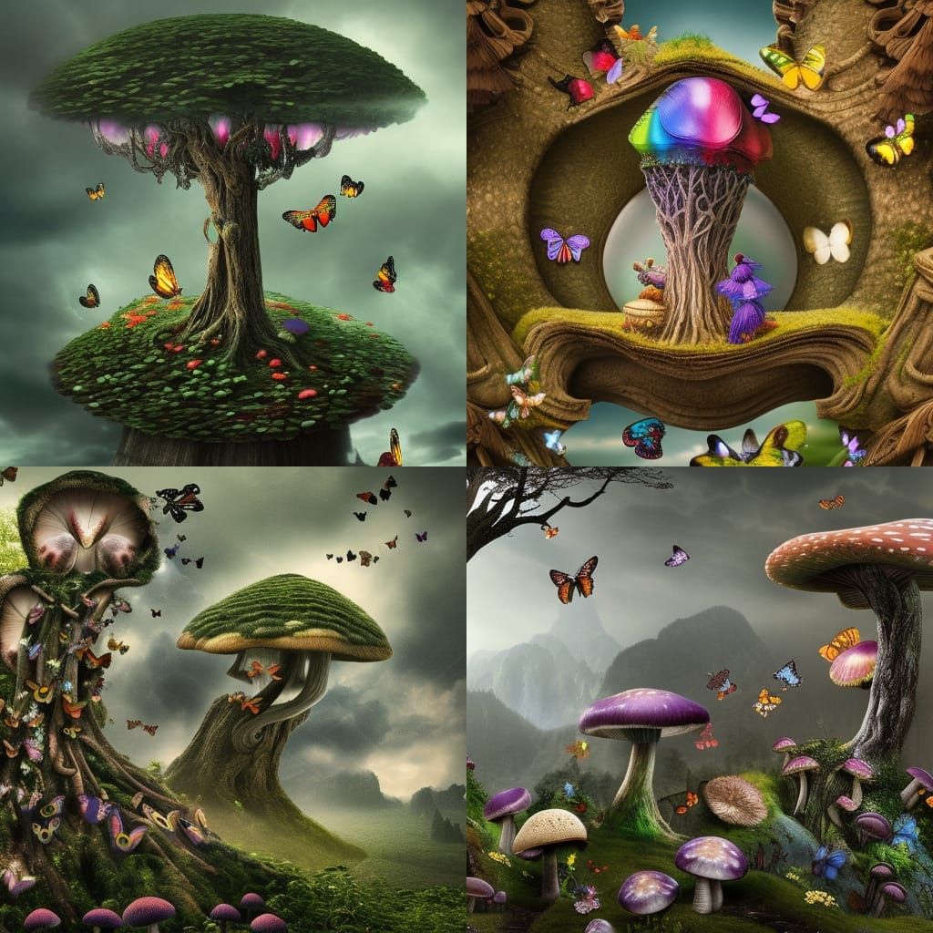 Mushroom butterflies rainbow raven teacup book tree bees