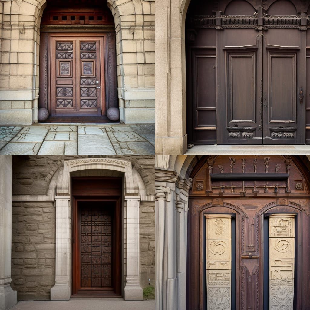 A large wooden door surrounded by a stone arch. The arch has a large