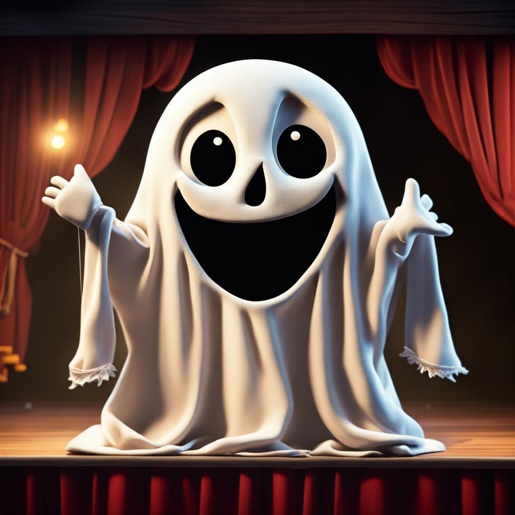 An adorable happy Ghost puppet at a puppet show on stage.  �...