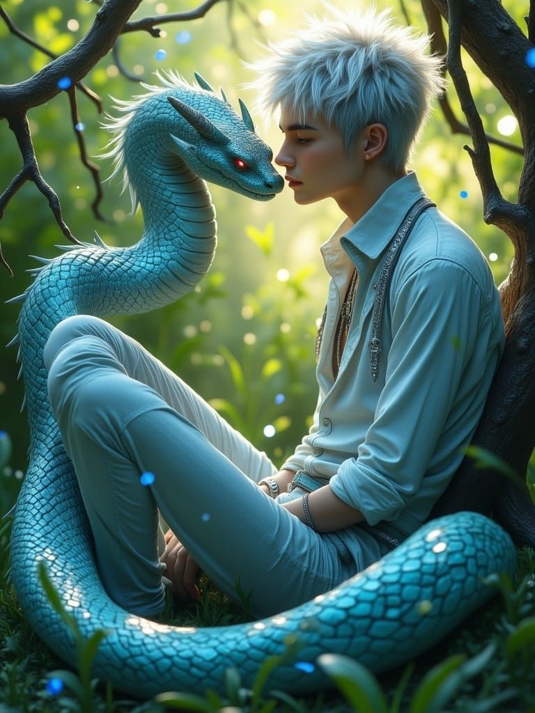 <lora:Future-Punk:1.0> A youthful, silver-haired punk hero, with striking gray eyes and angular bangs hanging over his gaze, sits on lush, g...