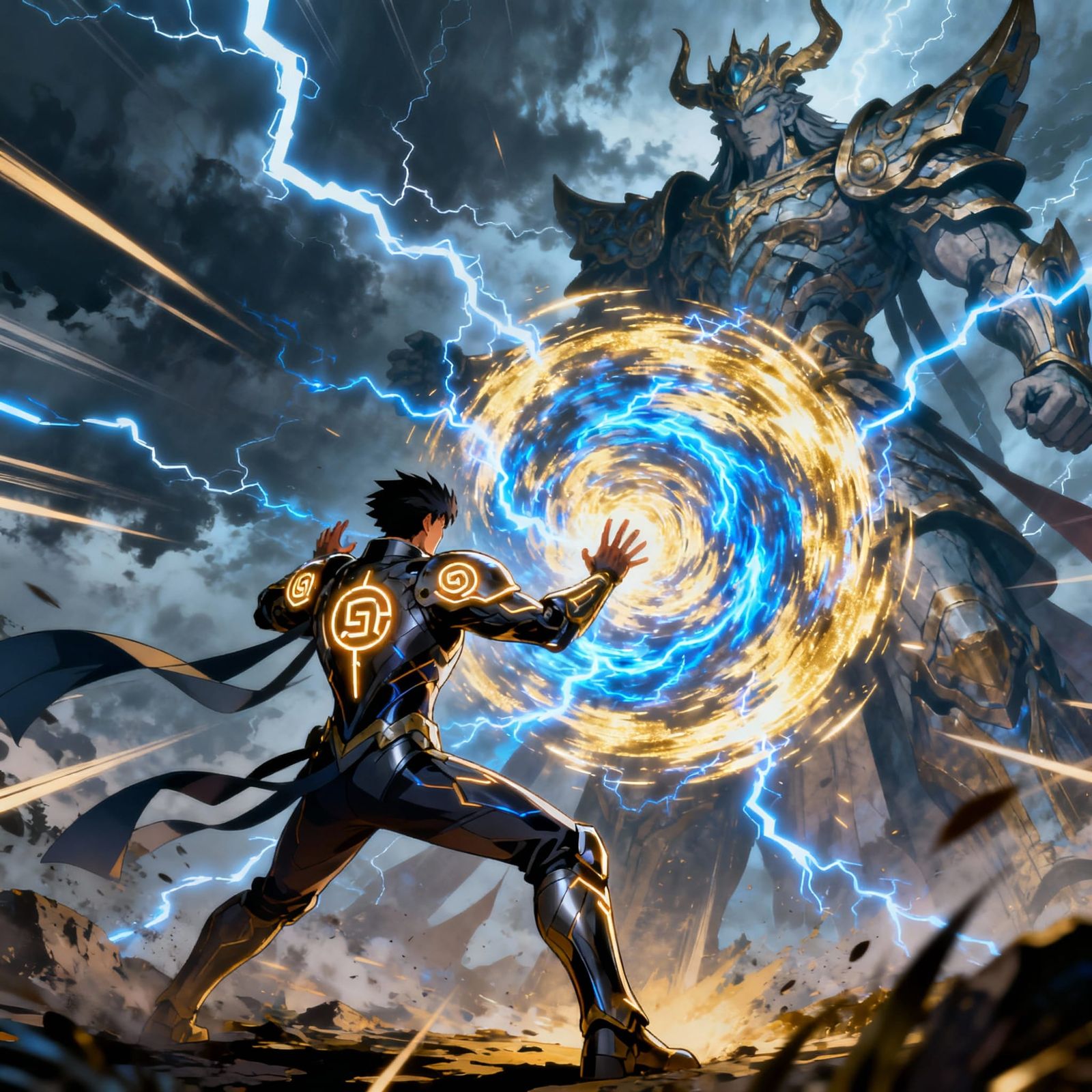 A warrior summoning a massive energy strike against a towering Anime Showdown masterpiece   by @Gettafix