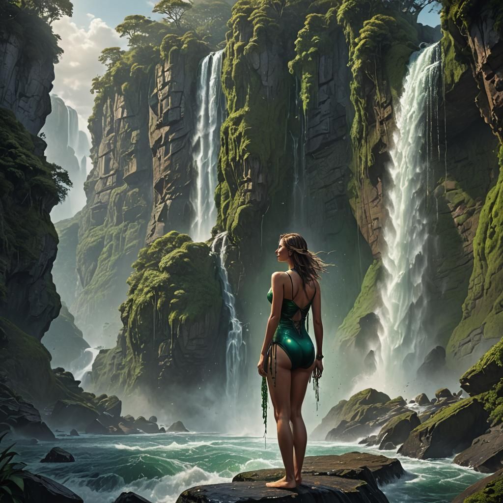 Woman at Waterfall: Fantasy Concept Art