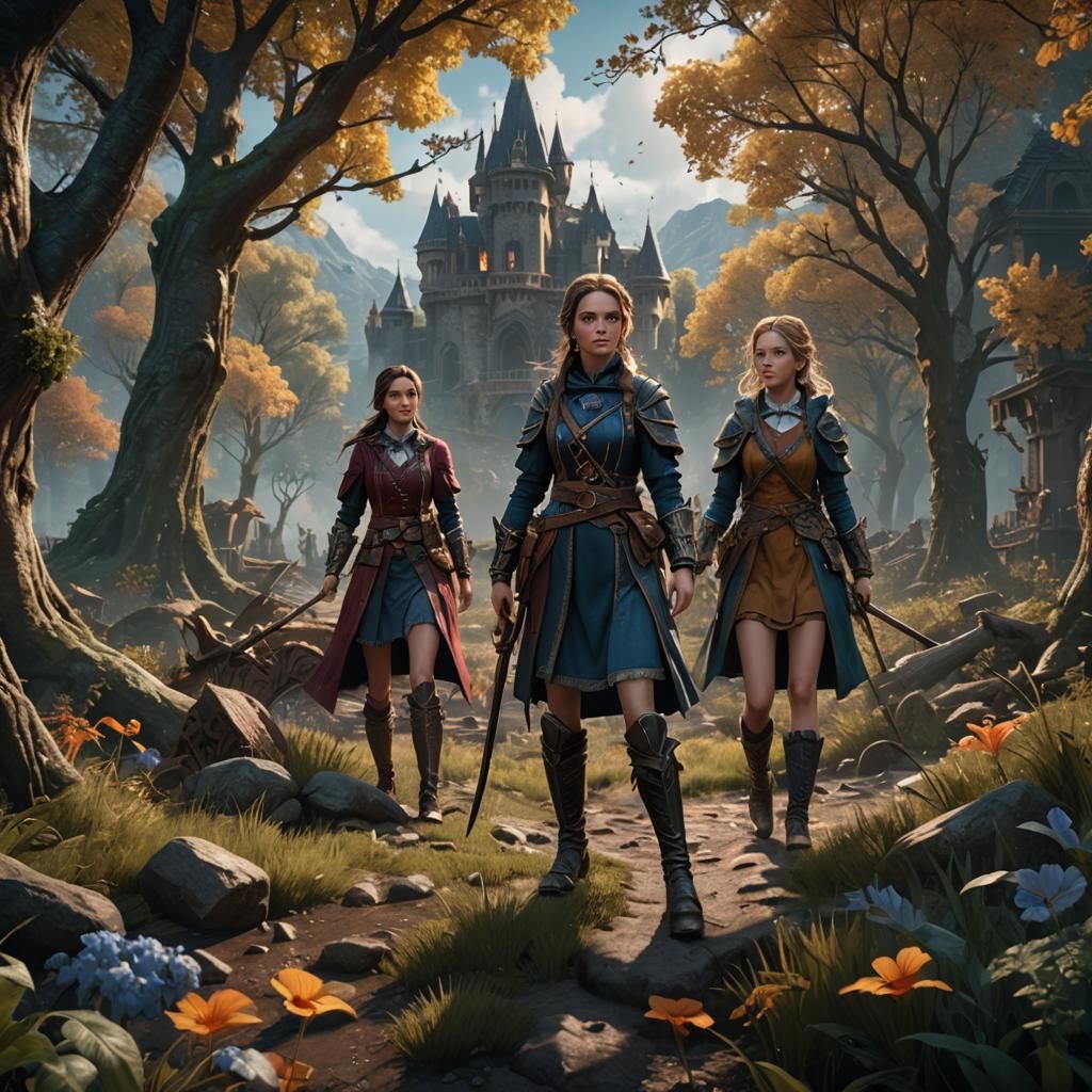 Girls Playing Chase: Detailed Fantasy Matte Painting