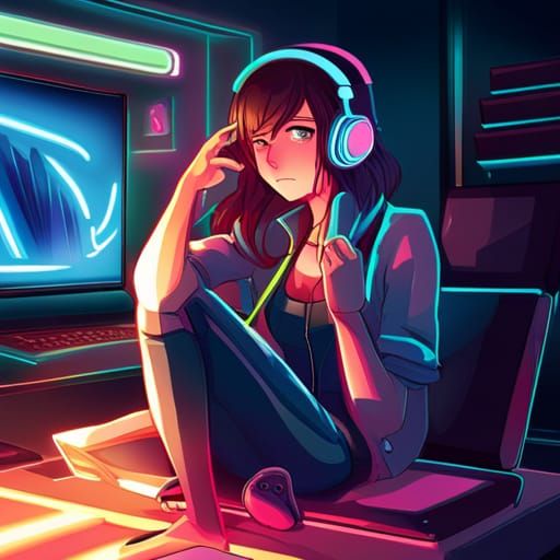 Anime gamer girl, brown hair blue eyes, neon cat headphones,...