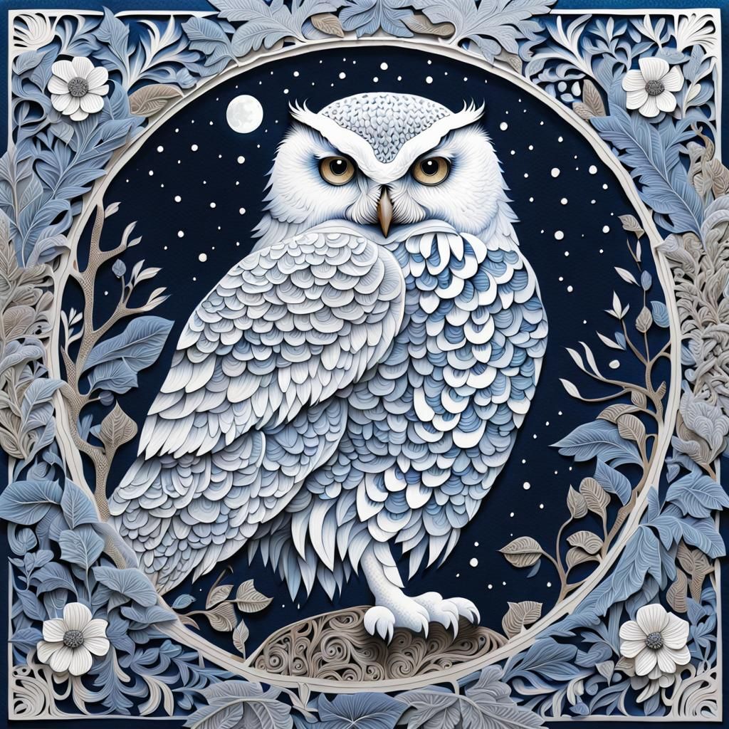 "Highly detailed intricate snowy owl illustration in the style of William Morris,  cut paper, zentangle, ...  by @undefined