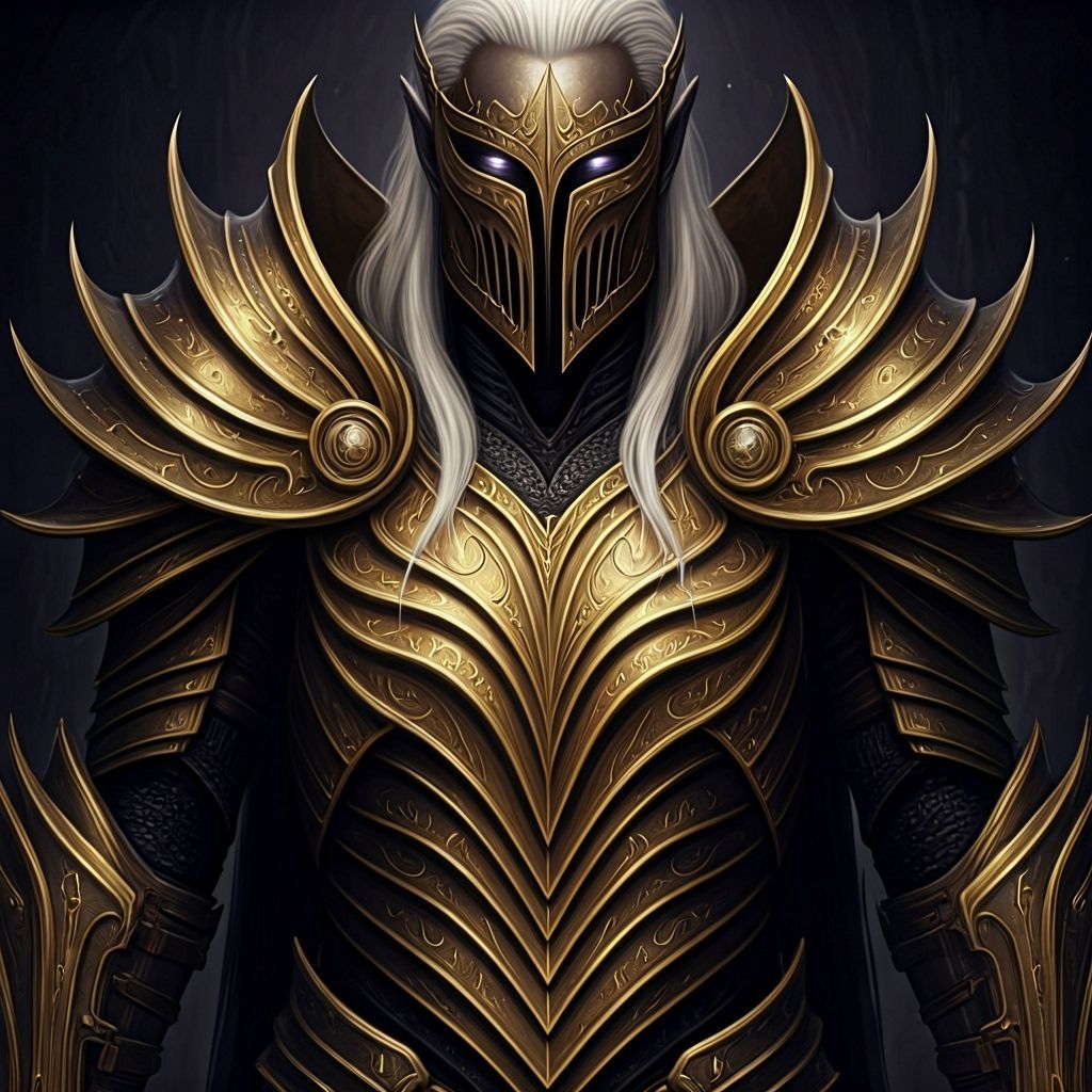 Golden drow-style armor, gleaming like a metallic surface at the edge of light and shadow. The armor's plates are thin but perfectly formed,...