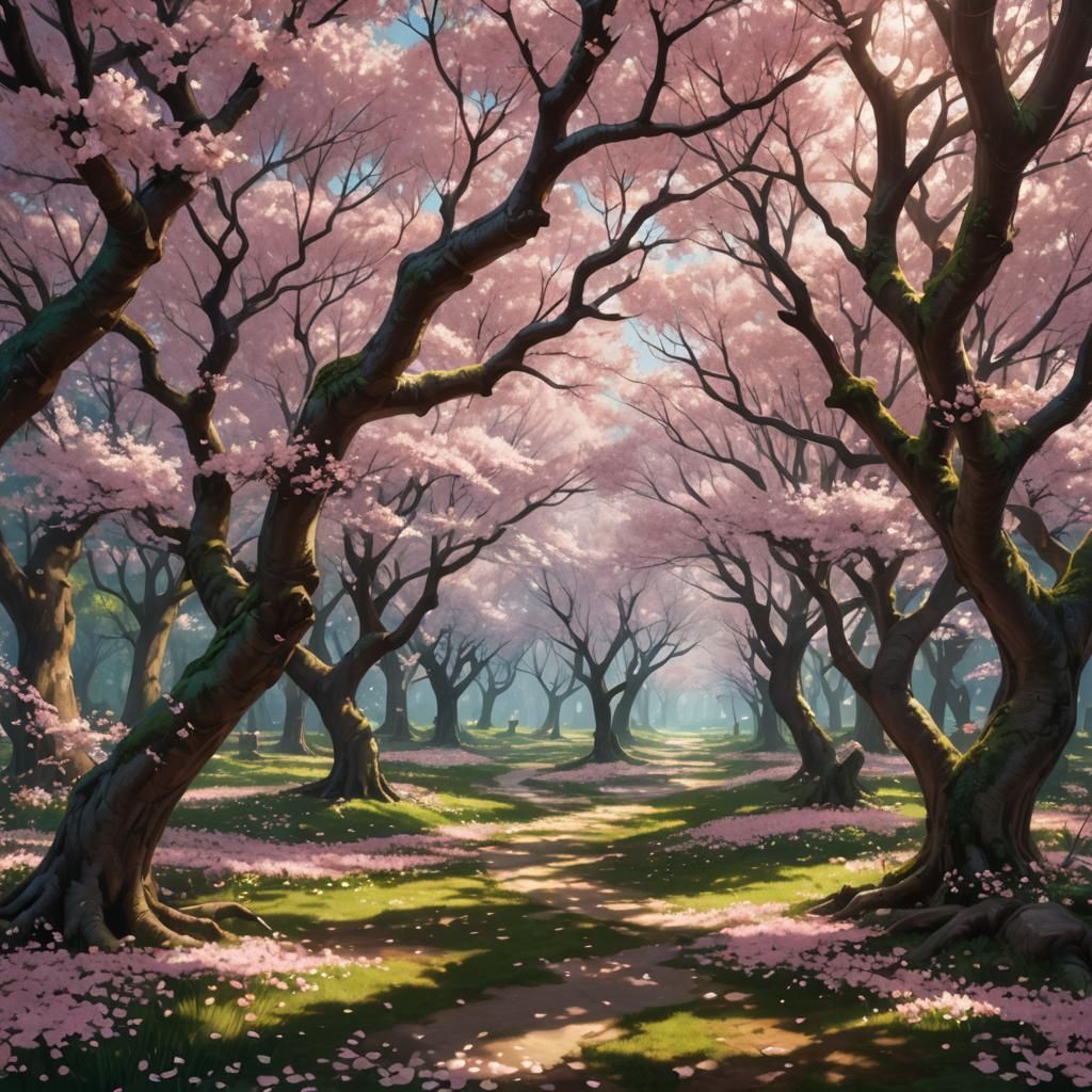 a tranquil grove, cherry blossom trees sway gently in the breeze. Their
