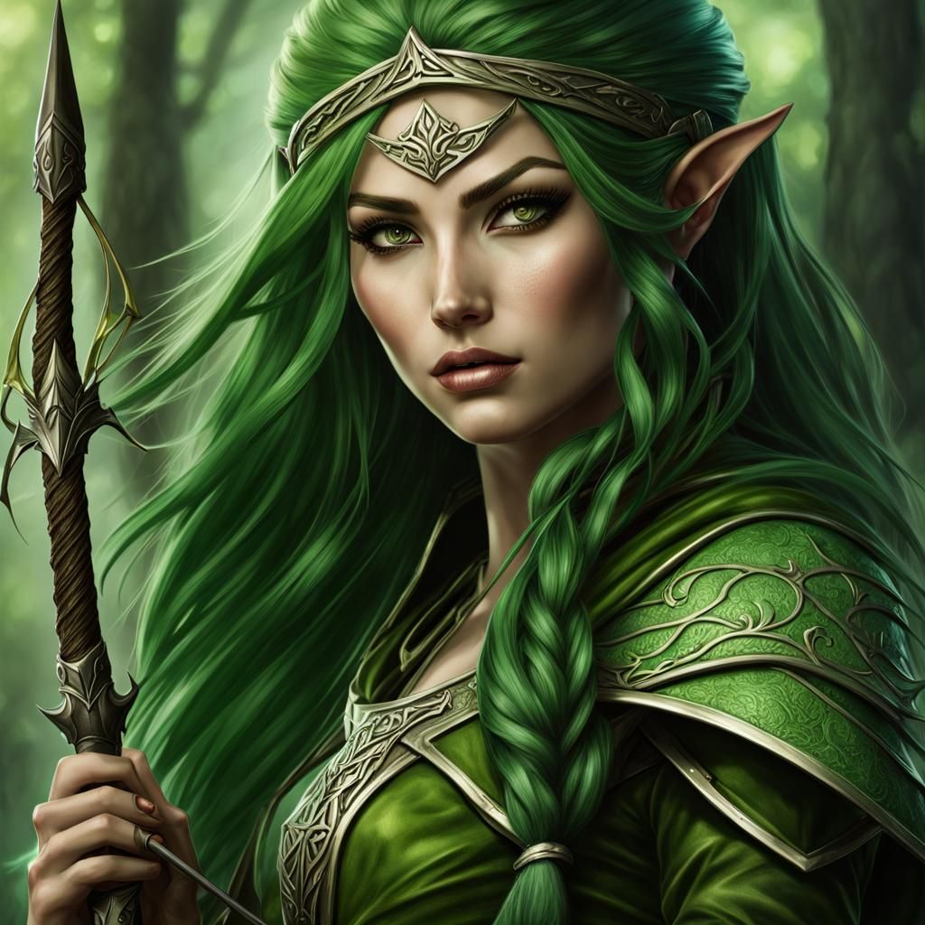 Hyper realistic elven female forest guard with bow and spear, very ...