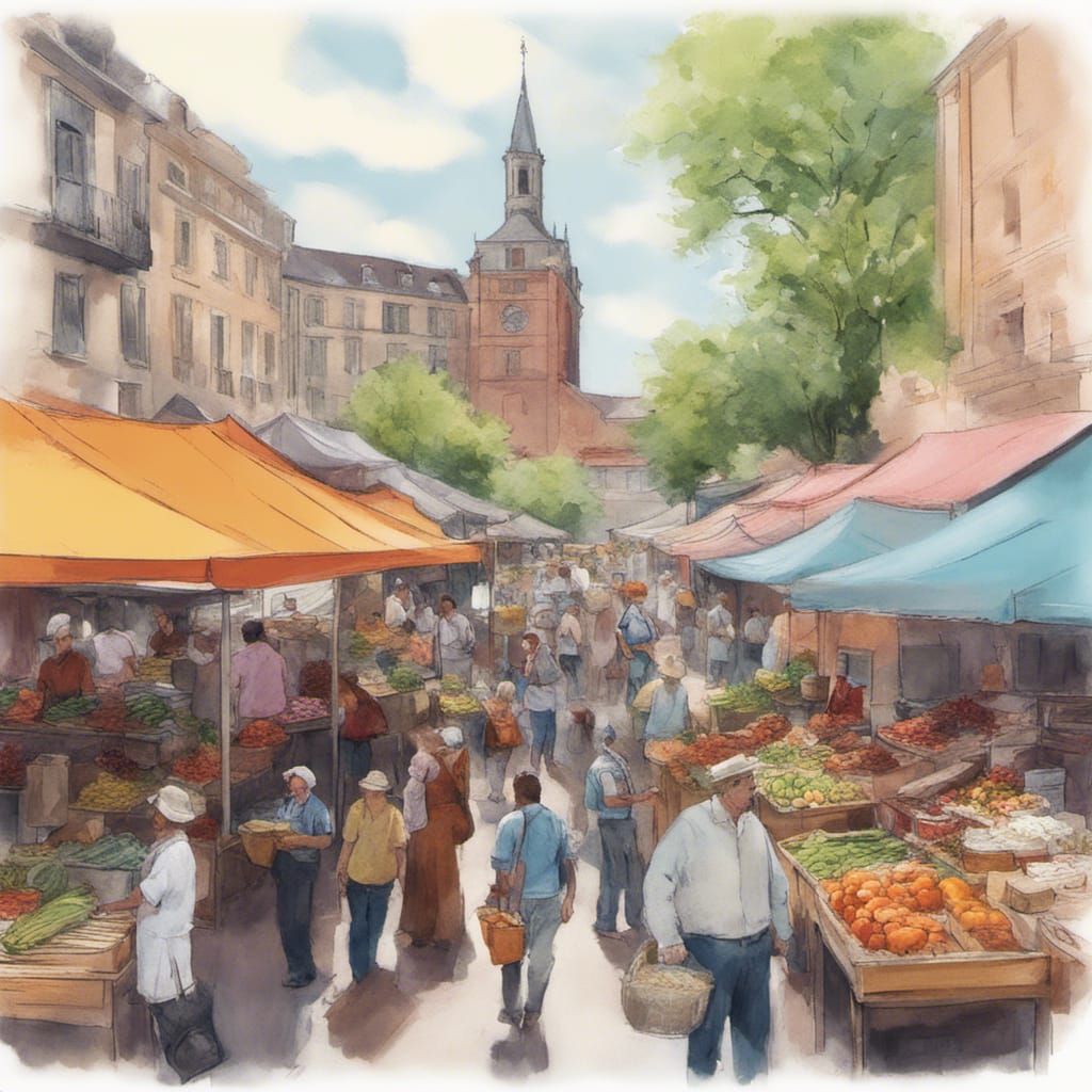 A bustling market square with colorful vendors, Farmers Mark...