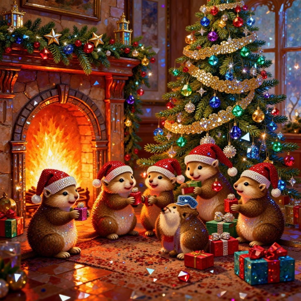 A group of quokas celebrating Christmas around a tree and fireplace in diamond painting style <lora:Diamond Painting:1.0>