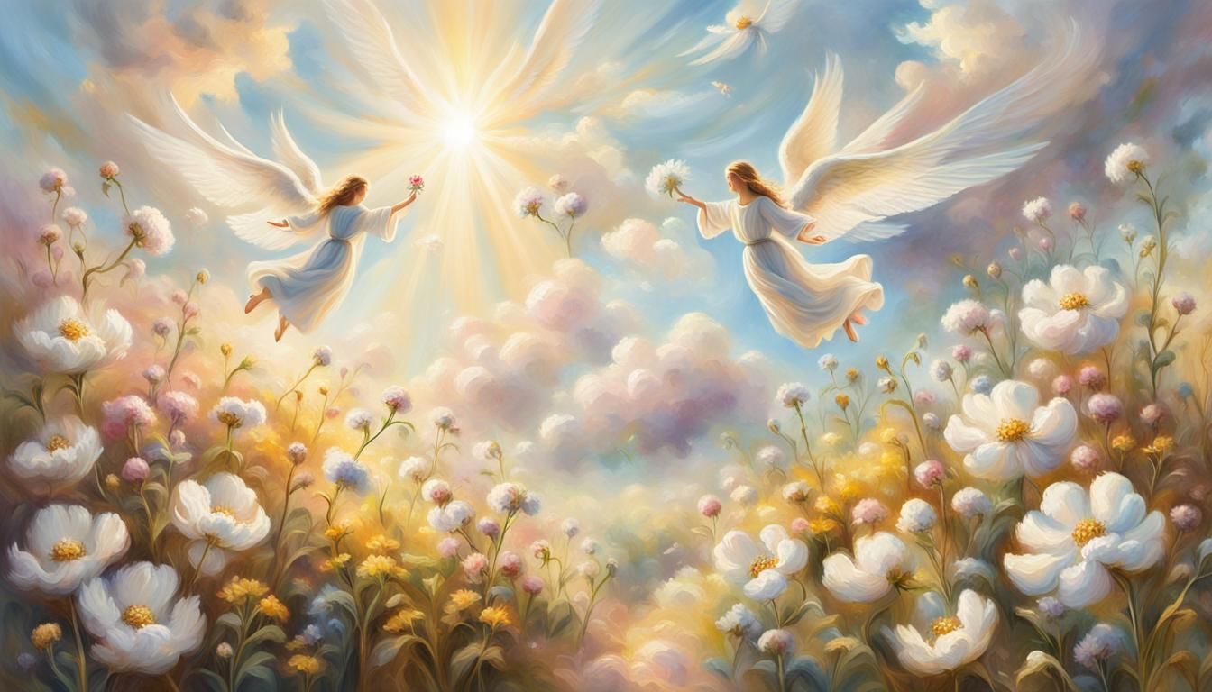 flower garden with cotton clouds around angels flying