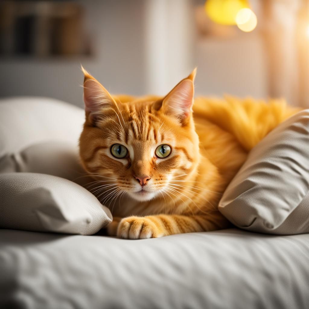 There is a yellow cat sitting on the pillow.