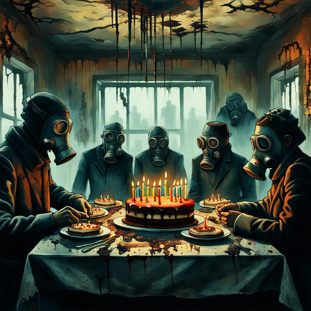 A birthday party in the style of Beksinski's paintings