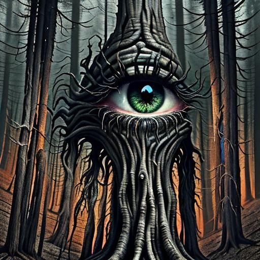 Extreme Horror very creepy Gigantic Colorado forest trees 🌲 with one pure evil eldritch abomination creature eye on all of them individuall...