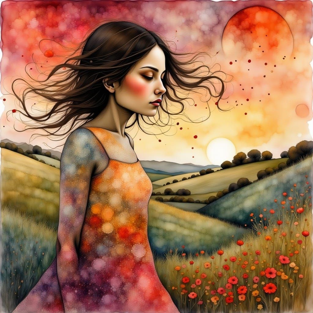 <lora:Liquid Ink Flux:1.0> A girl on a hill, multi-layered eyes, windy summer evening in art brut style by Richard Burlet, Amanda Sage, Benj...