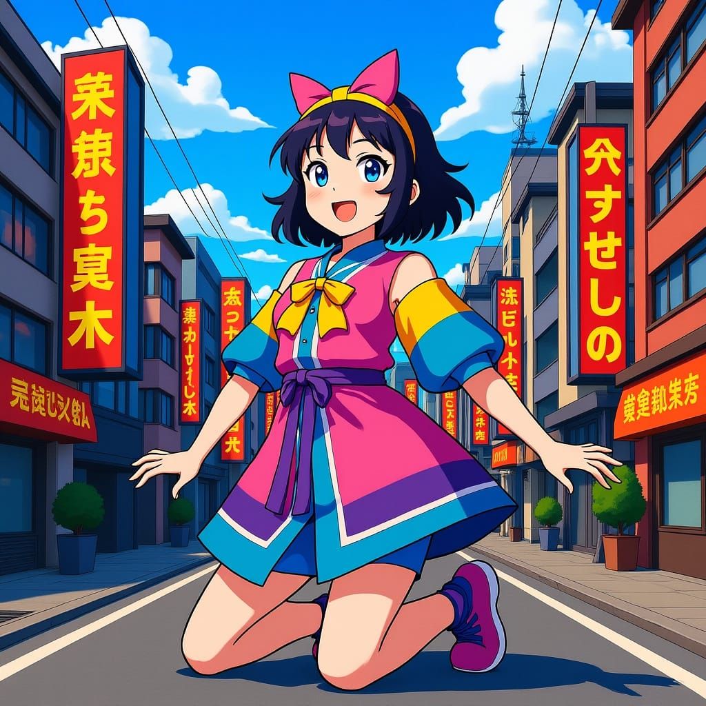 Anime Woman in Japanese Cityscape Digital Painting