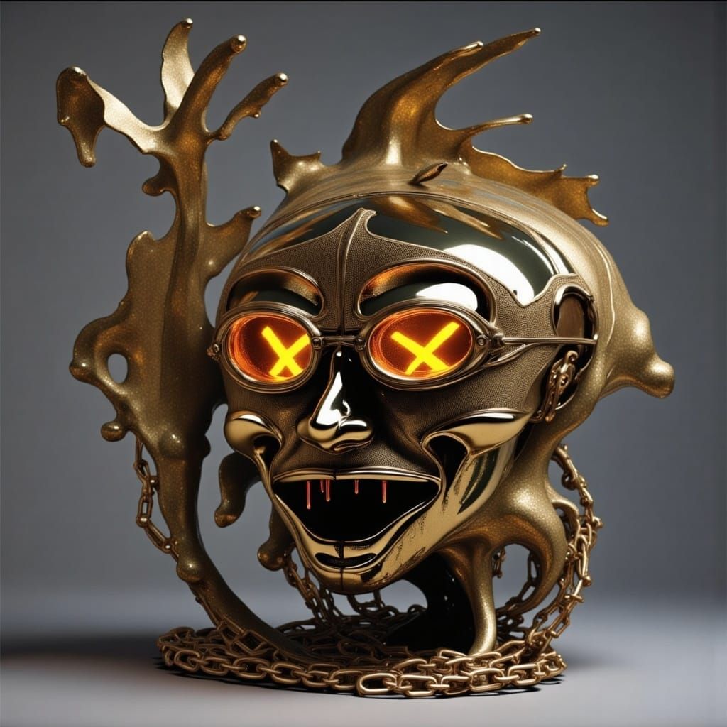 <lora:liquid:3.0> Partial-hiding chrome-Mask, intricate glitch art,  velvet-red bulging glowing x-eyes behind imperial glasses:: chains infr...