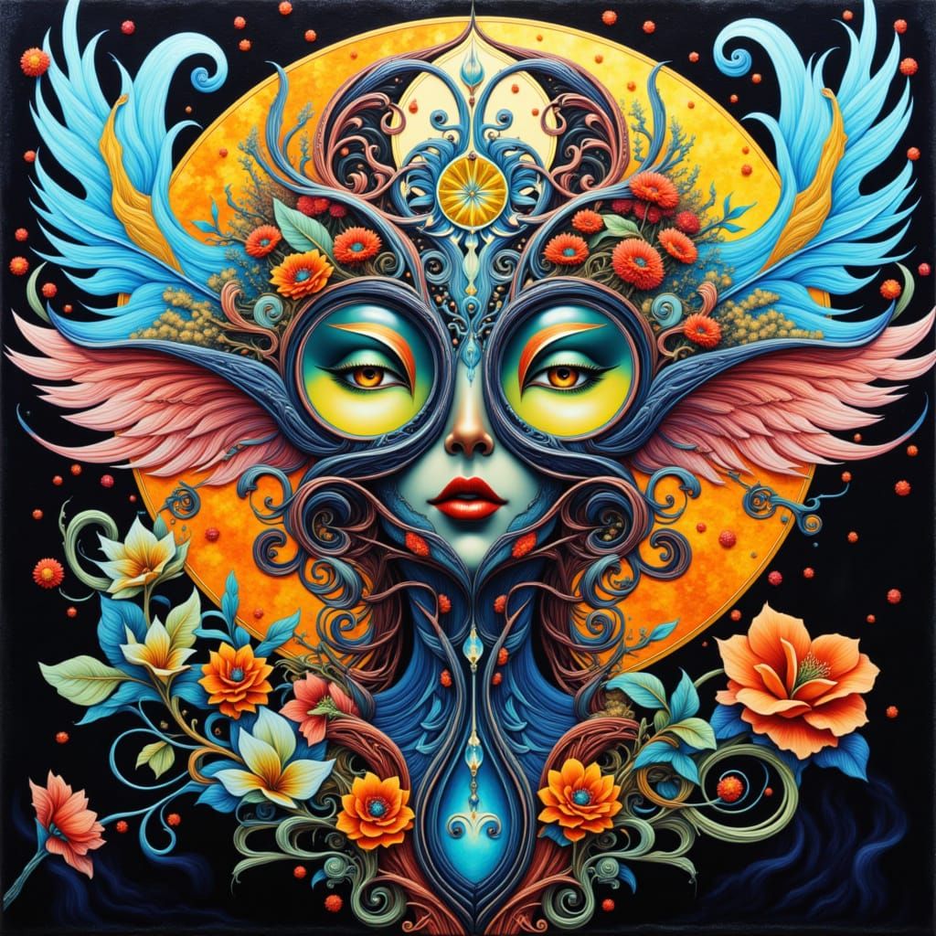 hopes and expectations owl goddess elaborate, embellished owl, metal and paper collage, mixed media encaustic painting, Automatic drawing an...