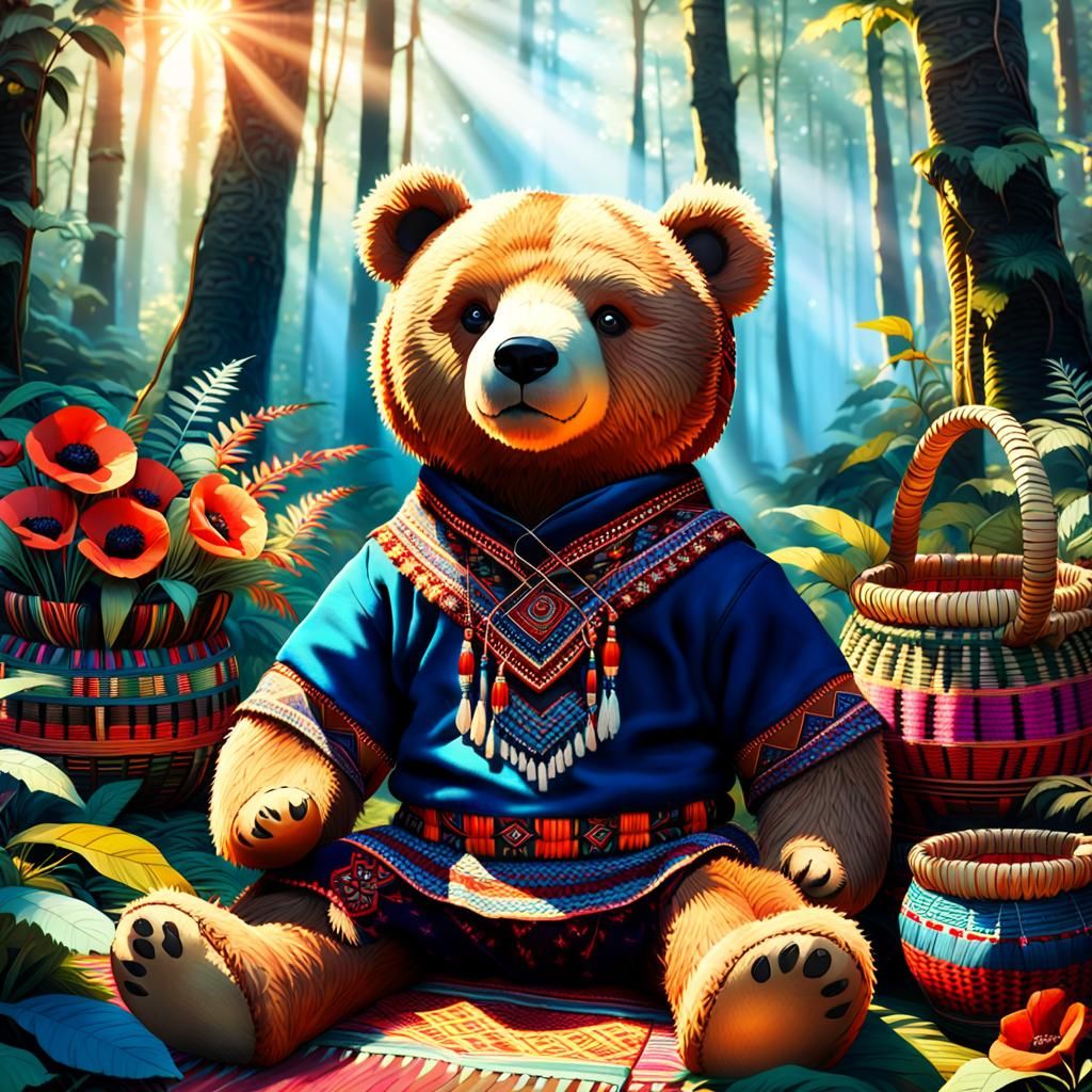 Teddy Bear in Atayal Tribal Clothing, Matte Painting