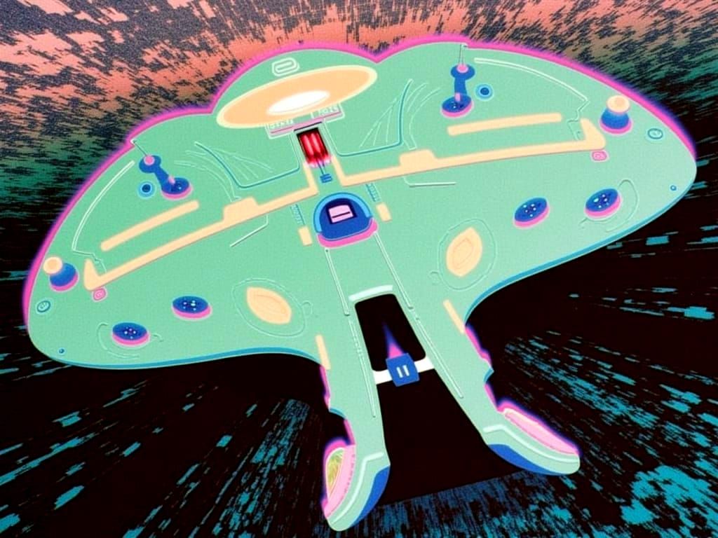 <lora:Iconic Ships Plus:1.0> A Fiery crash of a UFO, Tim Burton green and magenta orange and teal sci-fi cosmic