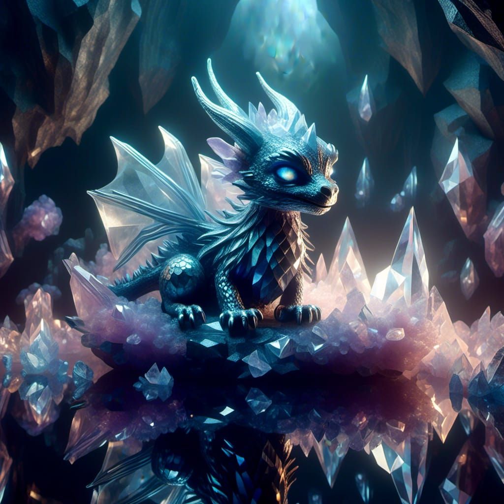 <lora:Crystalline Meta:1.0> Crystalline Metamorphosis, cute adorable sleeping baby dragon, in a crystal cave, mystic fog, Reflections, cell-...